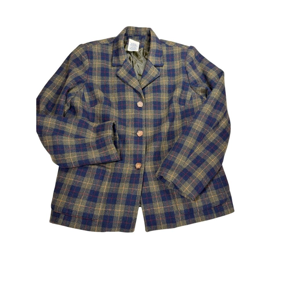 Women’s Size 12 Plaid Wool Blend Blazer Olive Navy Tartan Heritage Jacket